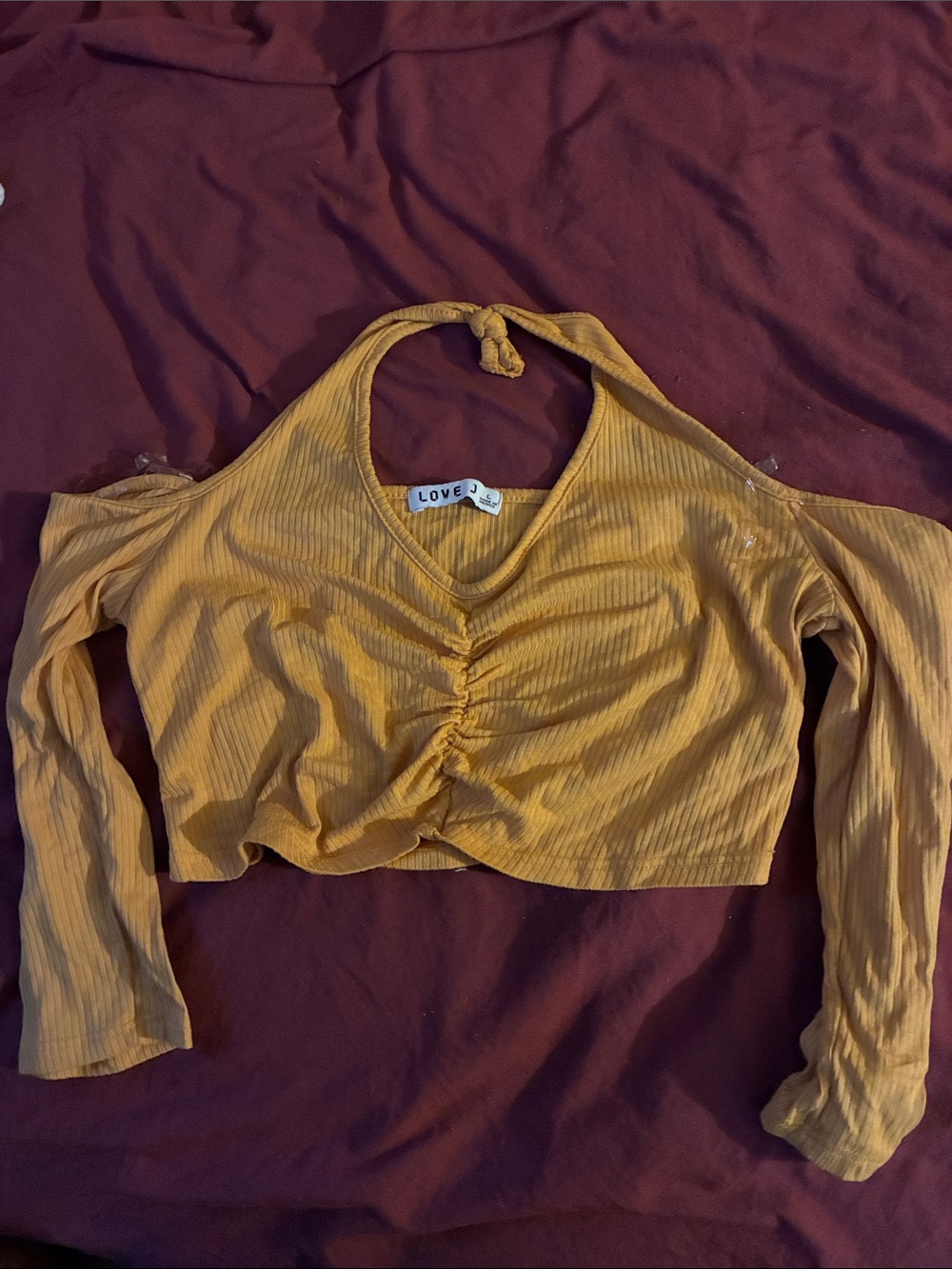 Love Mustard Yellow Ruched Halter Cold-Shoulder Crop Top